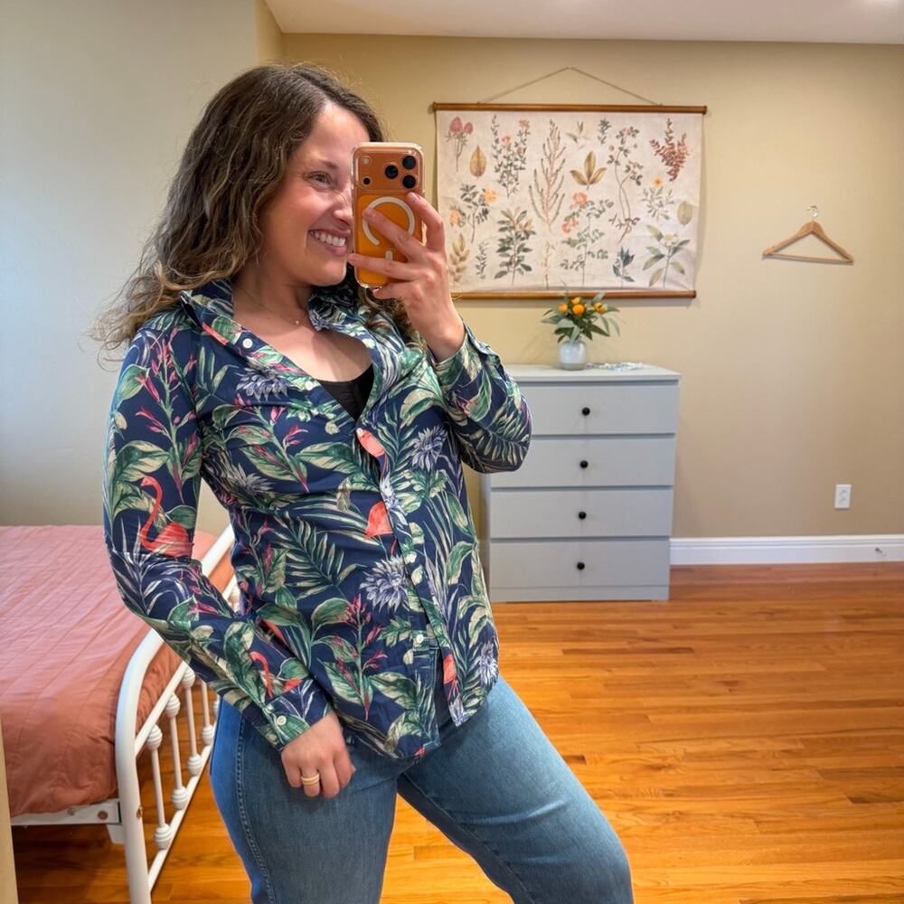 J. McLaughlin Blue Green Cotton Flamingo Long Sleeve Collared Blouse Top XS
